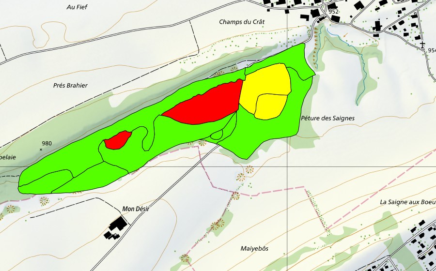 swisstopo national map showing the protected perimeter of La Tourbière des Enfers (Raised bog)