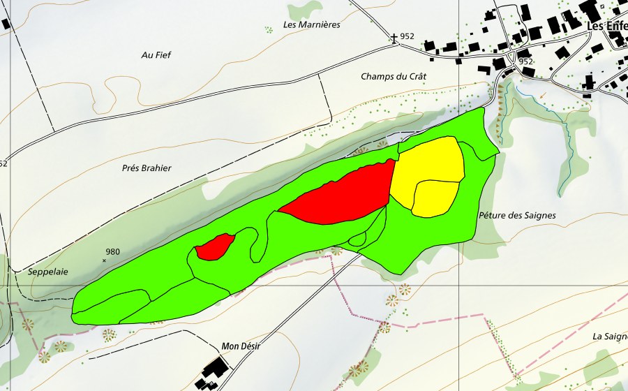 swisstopo national map showing the protected perimeter of La Tourbière des Enfers (Raised bog)