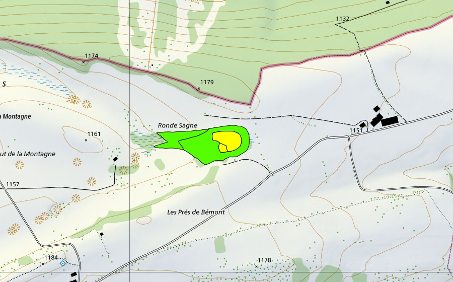 swisstopo national map showing the protected perimeter of La Tourbière/Ronde Sagne (Raised bog)