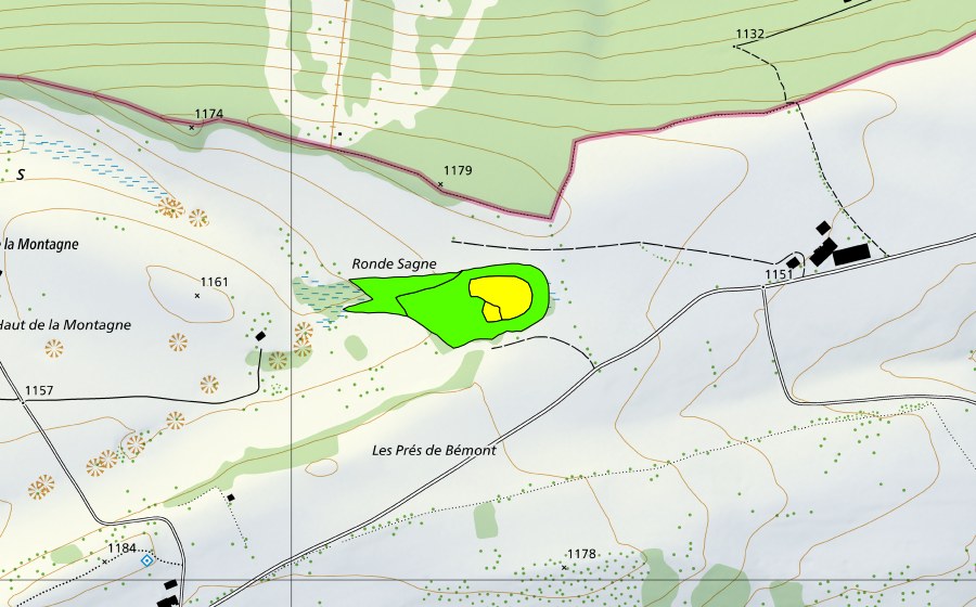 Landeskarte swisstopo mit dem Schutzperimeter von La Tourbière/Ronde Sagne (Hochmoor)