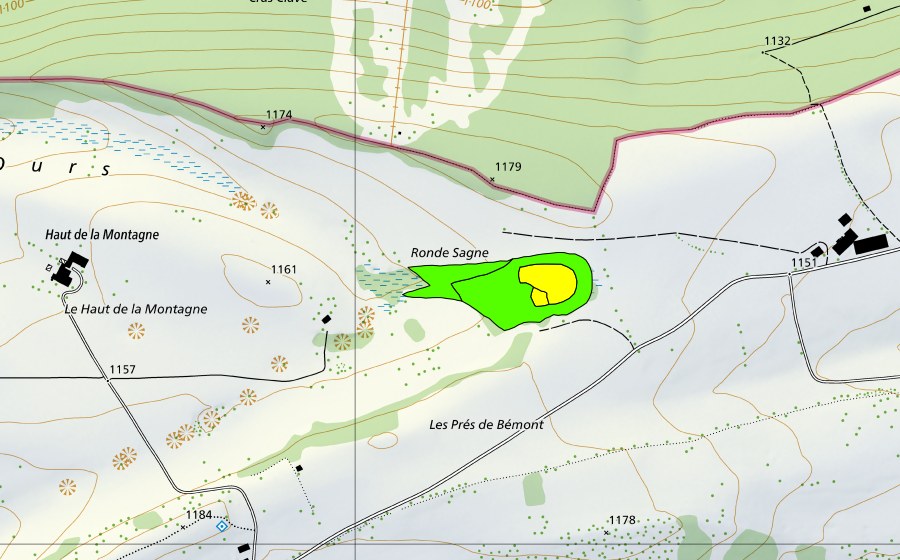 Landeskarte swisstopo mit dem Schutzperimeter von La Tourbière/Ronde Sagne (Hochmoor)
