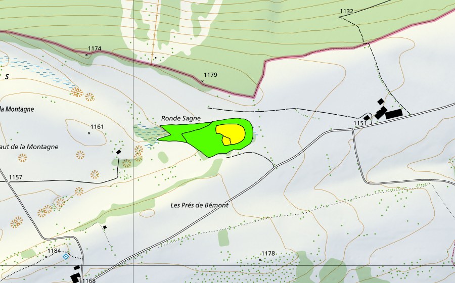 Landeskarte swisstopo mit dem Schutzperimeter von La Tourbière/Ronde Sagne (Hochmoor)