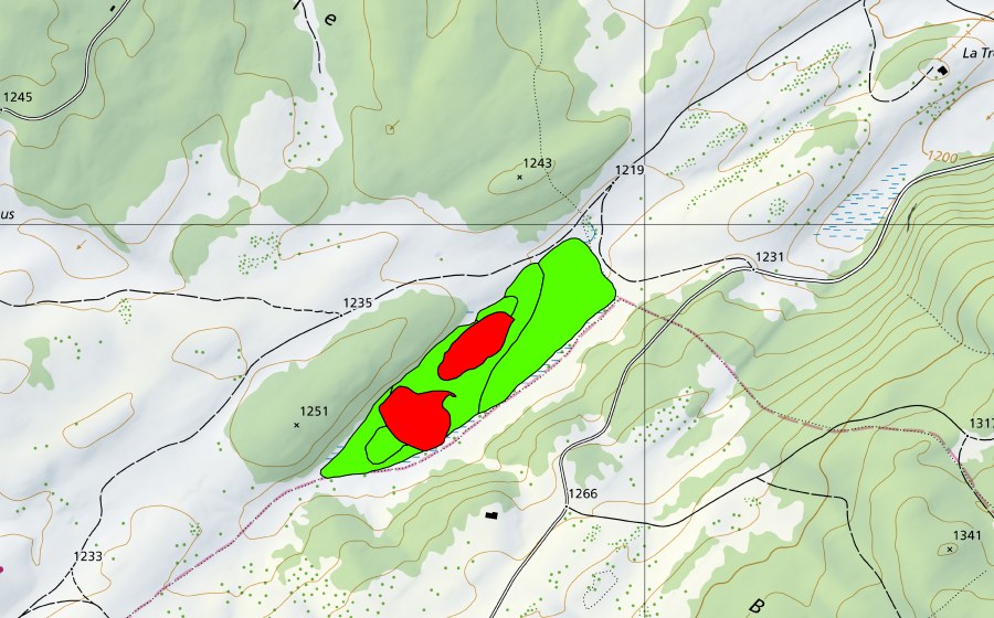 swisstopo national map showing the protected perimeter of La Trélasse (Raised bog)