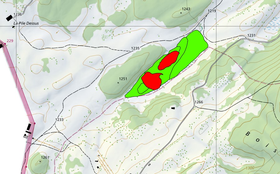 swisstopo national map showing the protected perimeter of La Trélasse (Raised bog)