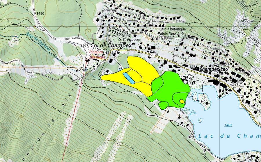 Carte nationale swisstopo avec le périmètre protégé de Lac de Champex (Haut-marais)