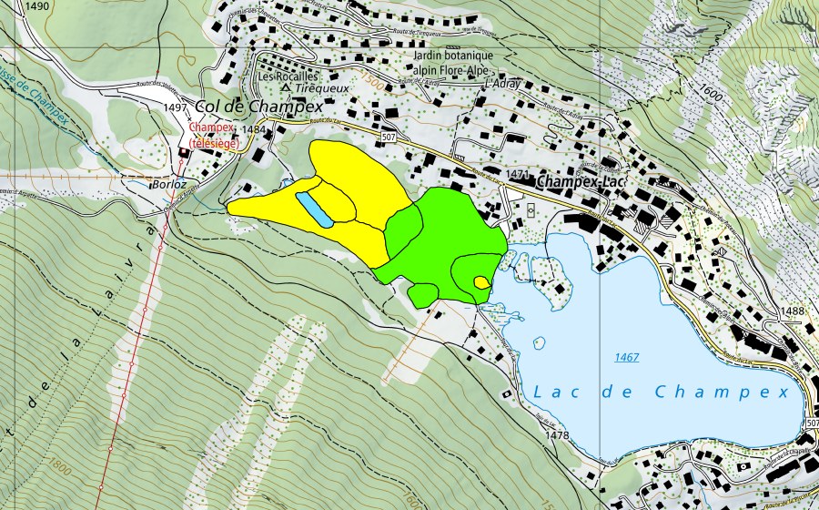 Landeskarte swisstopo mit dem Schutzperimeter von Lac de Champex (Hochmoor)