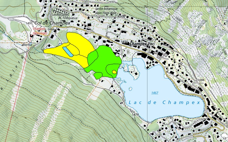 Carte nationale swisstopo avec le périmètre protégé de Lac de Champex (Haut-marais)
