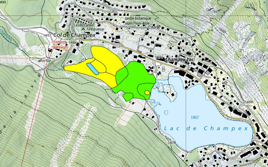 swisstopo national map showing the protected perimeter of Lac de Champex (Raised bog)