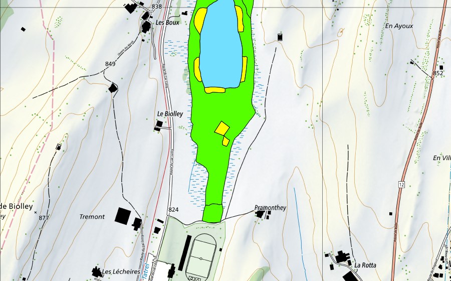 swisstopo national map showing the protected perimeter of Lac de Lussy (Raised bog)