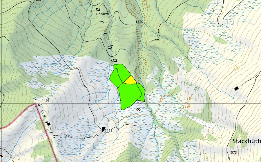 Landeskarte swisstopo mit dem Schutzperimeter von Ladengrat (Hochmoor)