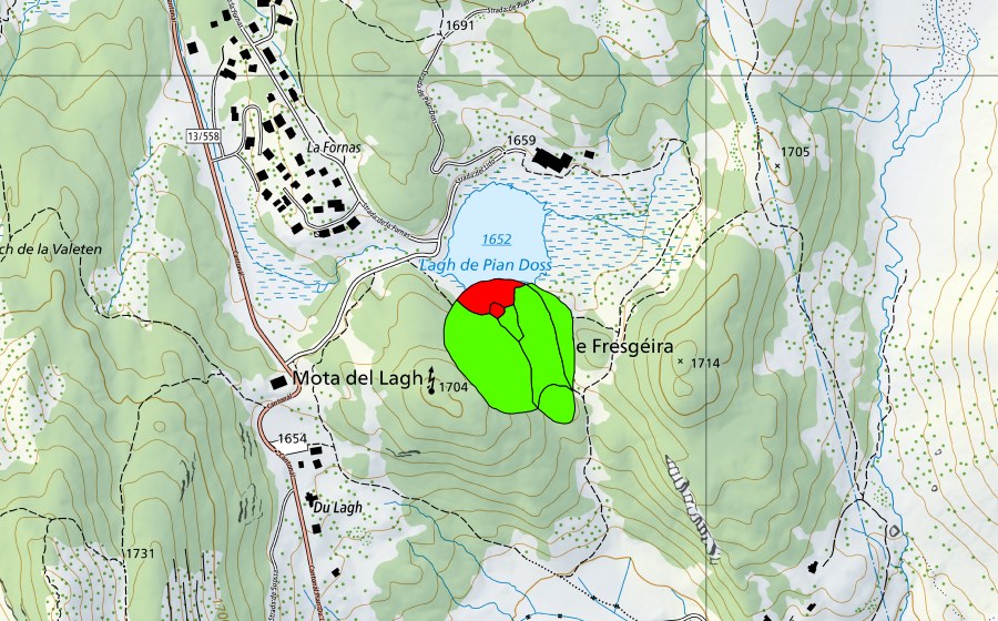 swisstopo national map showing the protected perimeter of Lagh Doss (Raised bog)