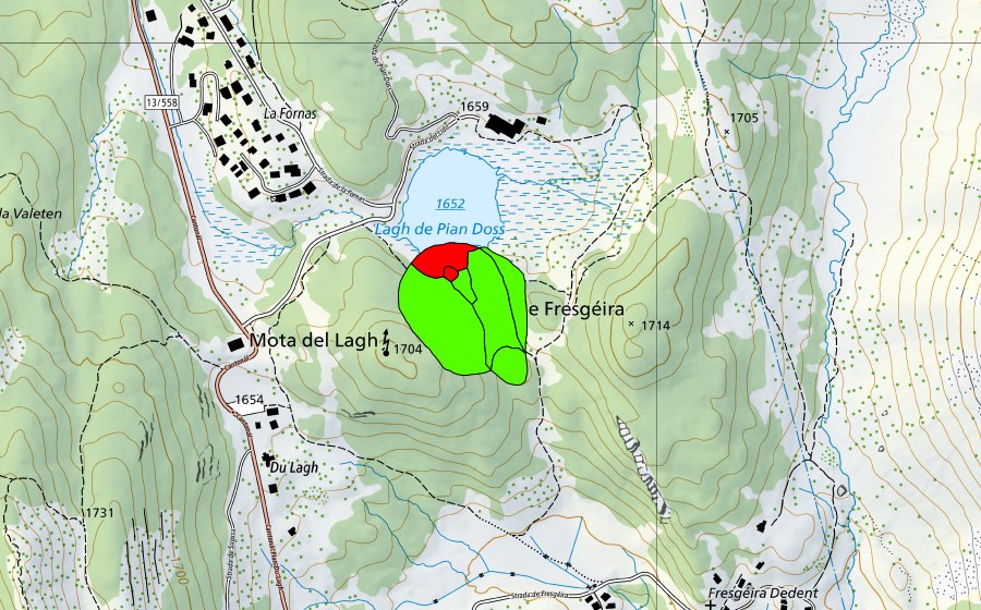 swisstopo national map showing the protected perimeter of Lagh Doss (Raised bog)