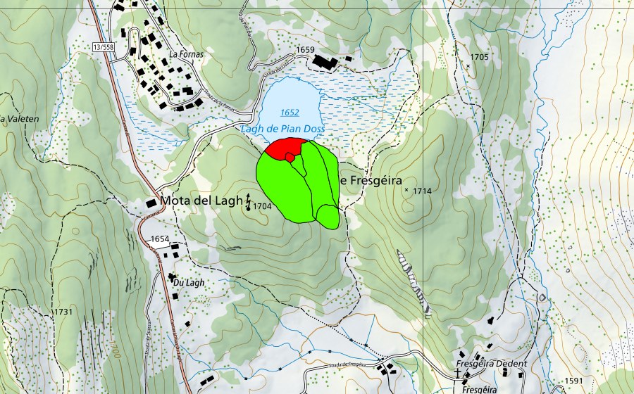 swisstopo national map showing the protected perimeter of Lagh Doss (Raised bog)