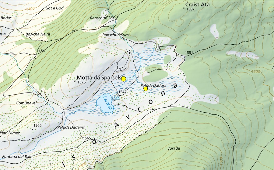Landeskarte swisstopo mit dem Schutzperimeter von Lai Nair (Hochmoor)
