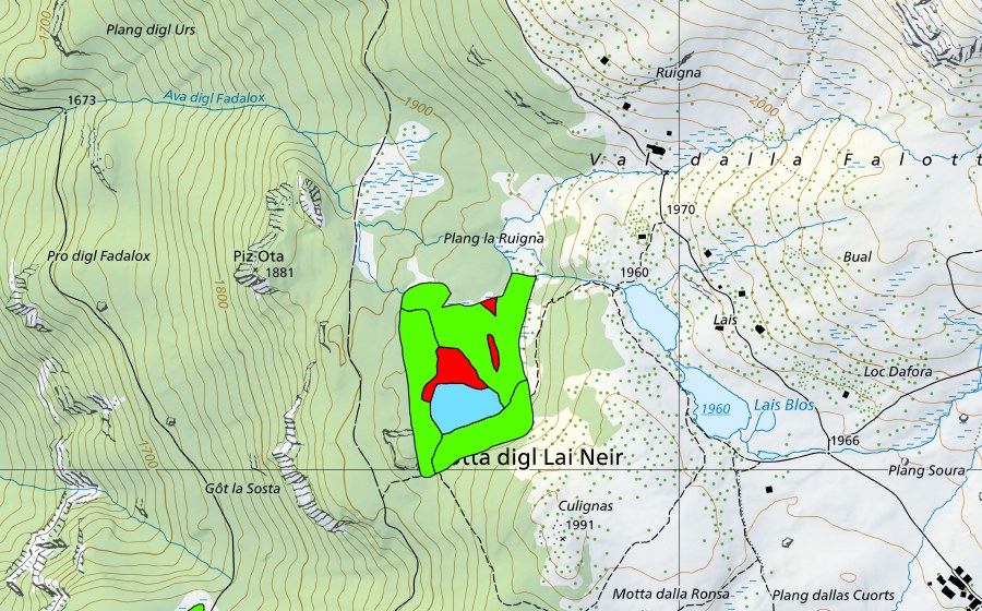 Landeskarte swisstopo mit dem Schutzperimeter von Lai Neir (Hochmoor)