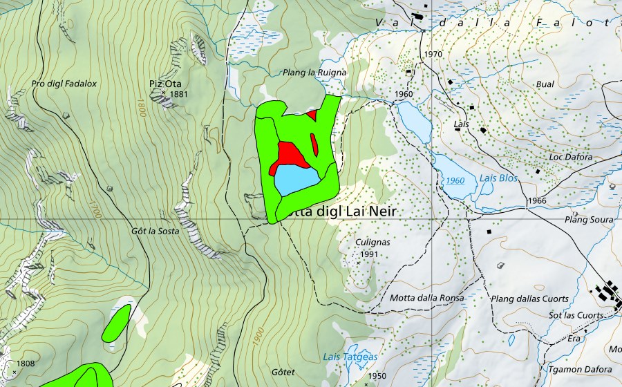 swisstopo national map showing the protected perimeter of Lai Neir (Raised bog)