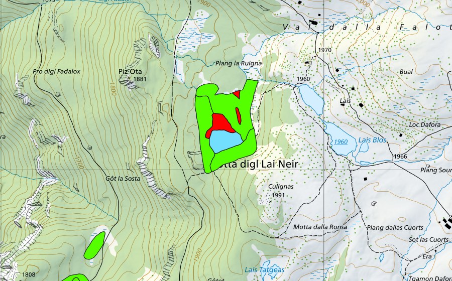 Carte nationale swisstopo avec le périmètre protégé de Lai Neir (Haut-marais)