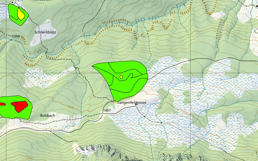 Carte nationale swisstopo avec le périmètre protégé de Längenfeldmoos (Haut-marais)