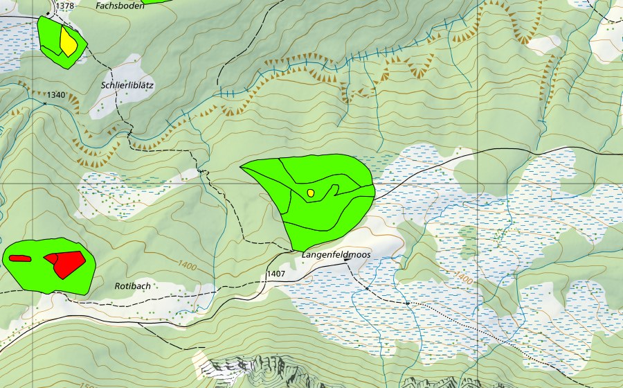 swisstopo national map showing the protected perimeter of Längenfeldmoos (Raised bog)