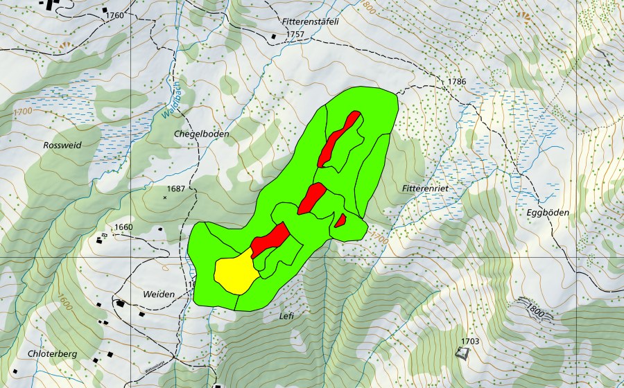 Carte nationale swisstopo avec le périmètre protégé de Längriet (Haut-marais)