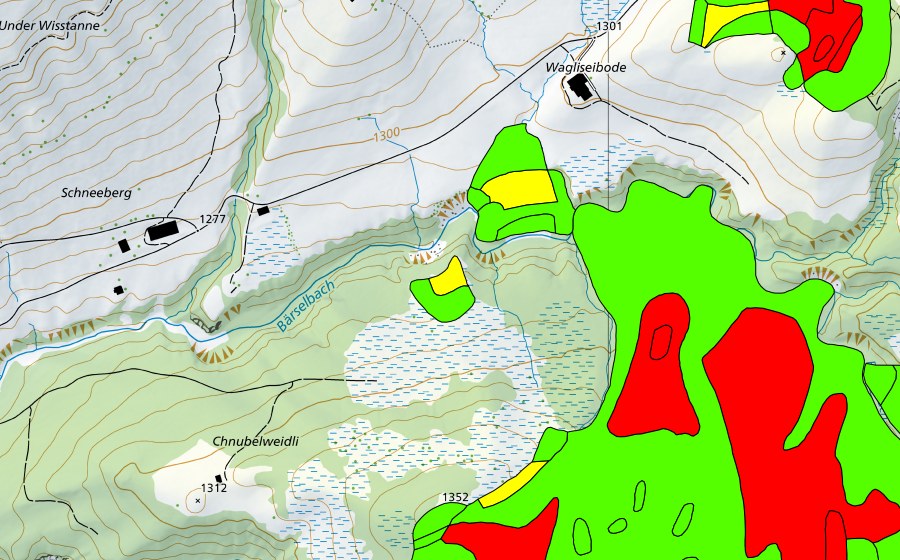 Carte nationale swisstopo avec le périmètre protégé de Laubersmadghack (Haut-marais)