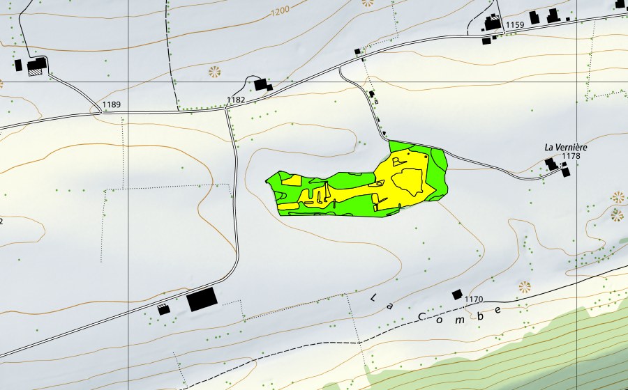 swisstopo national map showing the protected perimeter of Le Marais de la Joux du Plâne (Raised bog)