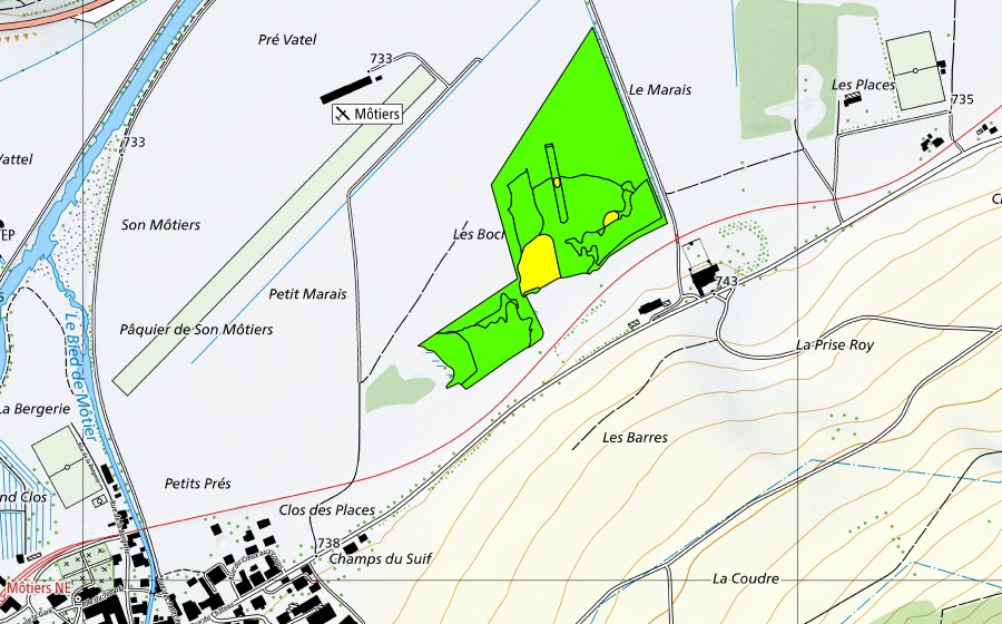 swisstopo national map showing the protected perimeter of Le Marais/Les Bochats (Raised bog)