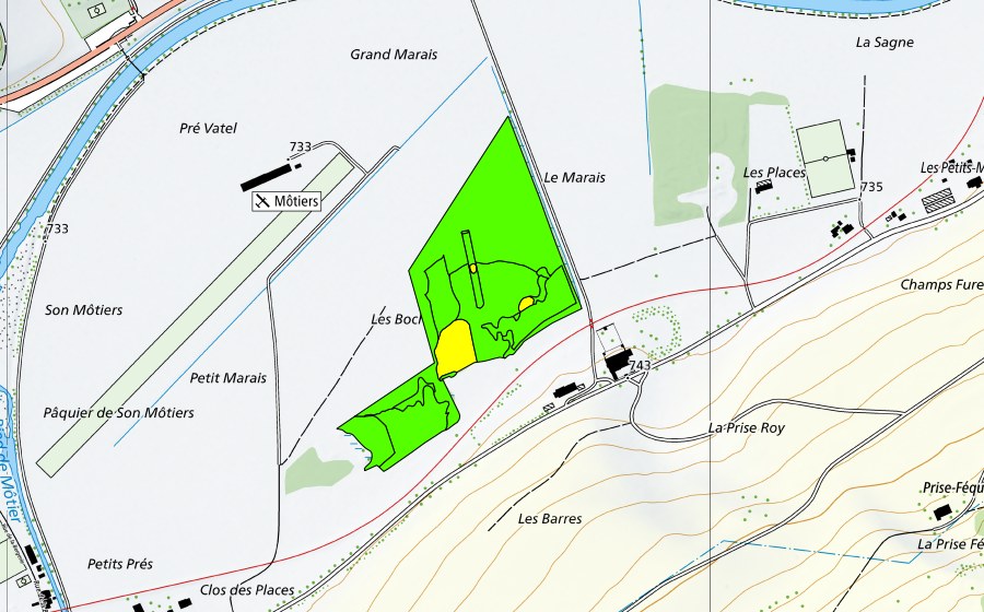 swisstopo national map showing the protected perimeter of Le Marais/Les Bochats (Raised bog)
