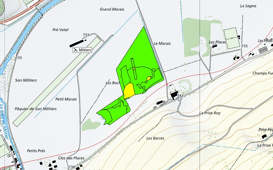 Carte nationale swisstopo avec le périmètre protégé de Le Marais/Les Bochats (Haut-marais)