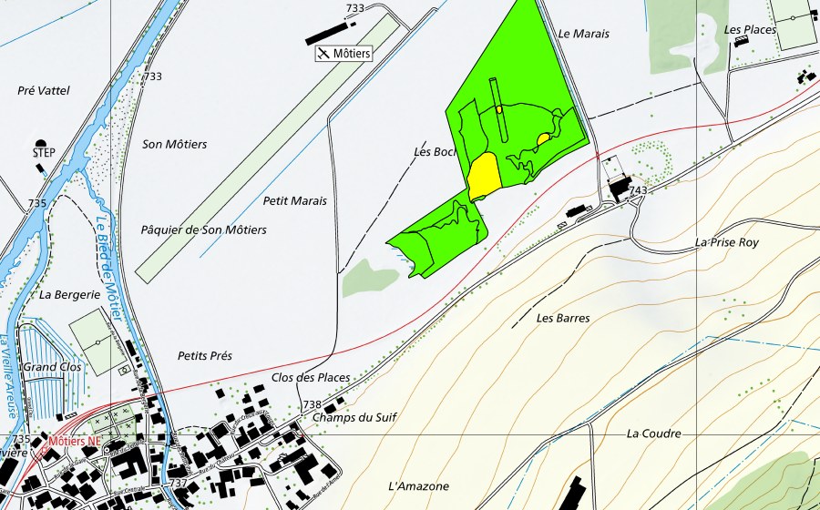 Carte nationale swisstopo avec le périmètre protégé de Le Marais/Les Bochats (Haut-marais)