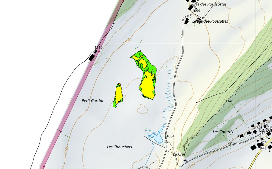 Carte nationale swisstopo avec le périmètre protégé de Les Chauchets (Haut-marais)