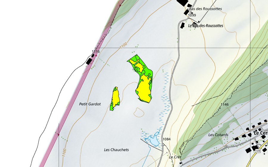 Carte nationale swisstopo avec le périmètre protégé de Les Chauchets (Haut-marais)
