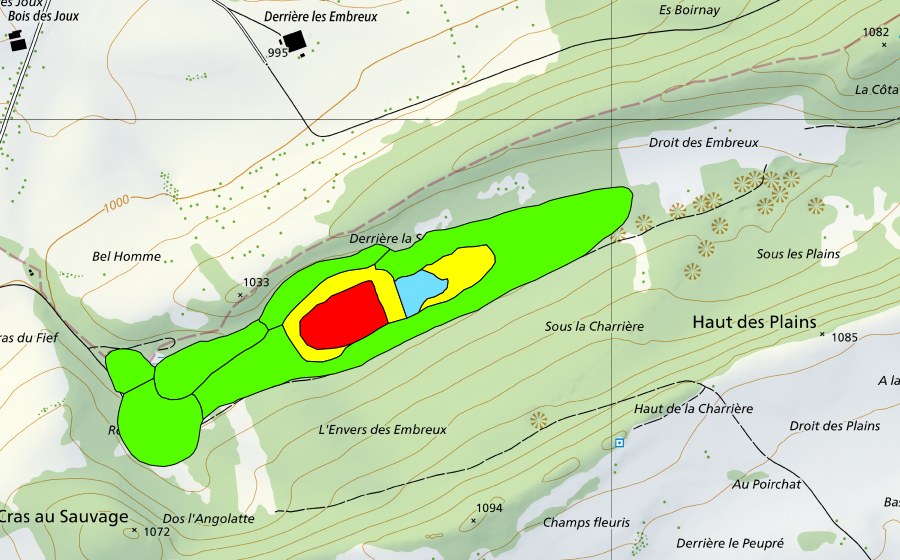 Landeskarte swisstopo mit dem Schutzperimeter von Les Embreux (Hochmoor)
