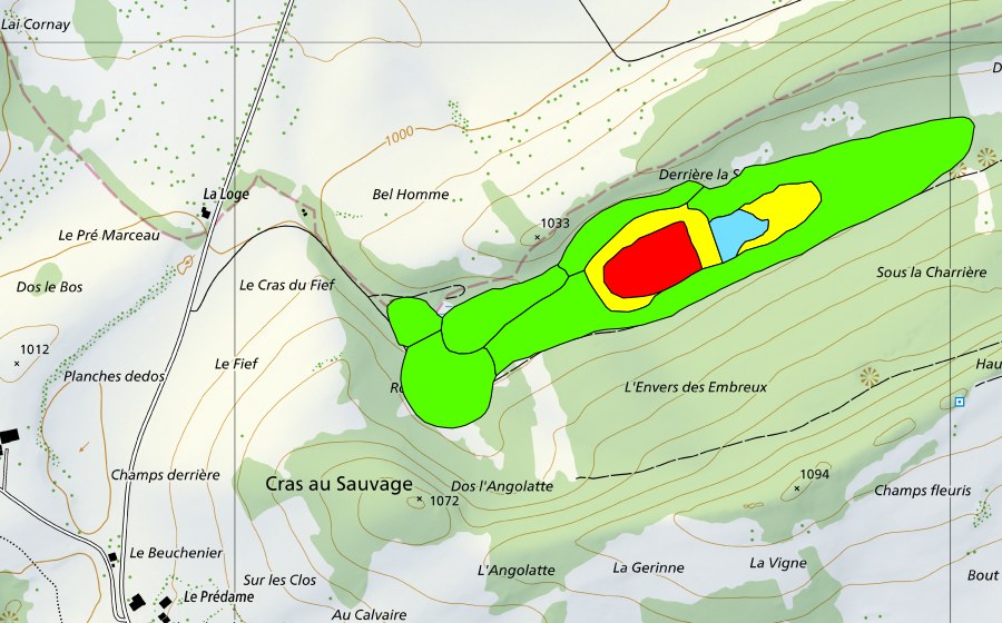swisstopo national map showing the protected perimeter of Les Embreux (Raised bog)