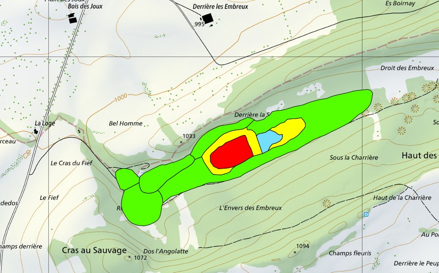 swisstopo national map showing the protected perimeter of Les Embreux (Raised bog)