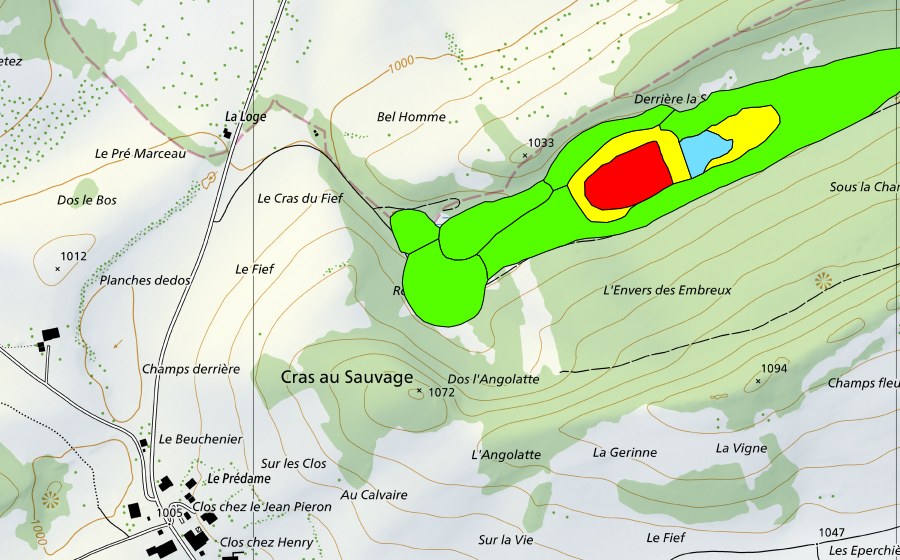 swisstopo national map showing the protected perimeter of Les Embreux (Raised bog)