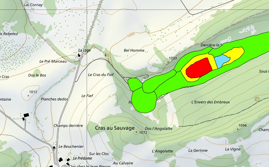 swisstopo national map showing the protected perimeter of Les Embreux (Raised bog)