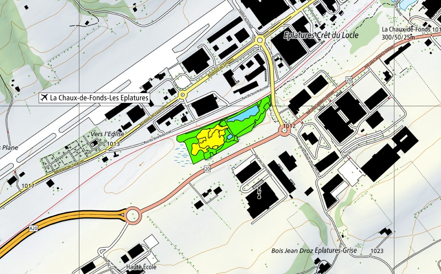 swisstopo national map showing the protected perimeter of Les Eplatures-Temple (Raised bog)