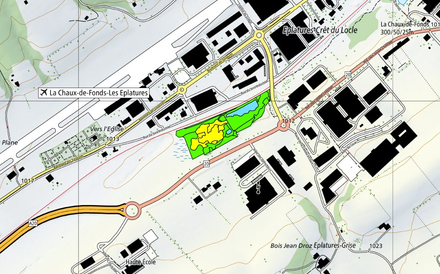 Carte nationale swisstopo avec le périmètre protégé de Les Eplatures-Temple (Haut-marais)