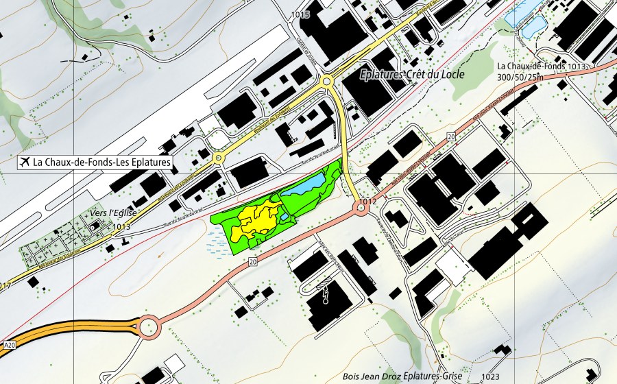 Carte nationale swisstopo avec le périmètre protégé de Les Eplatures-Temple (Haut-marais)