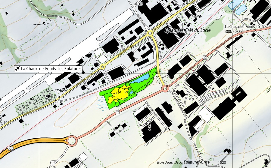 Carte nationale swisstopo avec le périmètre protégé de Les Eplatures-Temple (Haut-marais)
