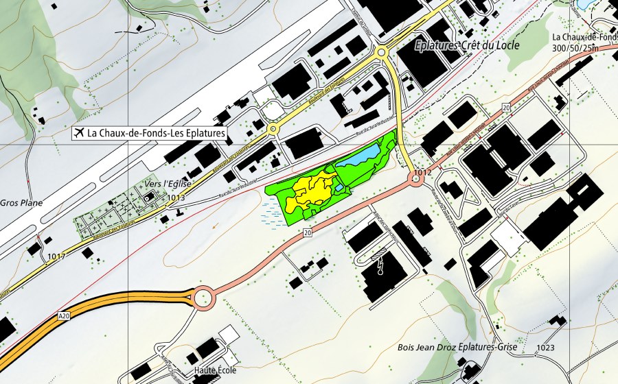 swisstopo national map showing the protected perimeter of Les Eplatures-Temple (Raised bog)