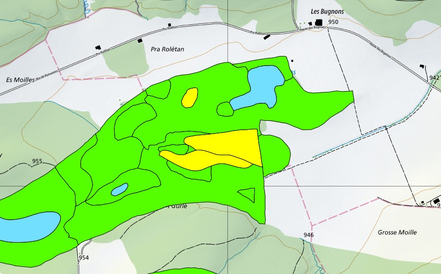Carte nationale swisstopo avec le périmètre protégé de Les Gurles/Les Communs de Maules (Haut-marais)