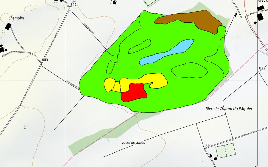 swisstopo national map showing the protected perimeter of Les Mosses-Rosez (Raised bog)