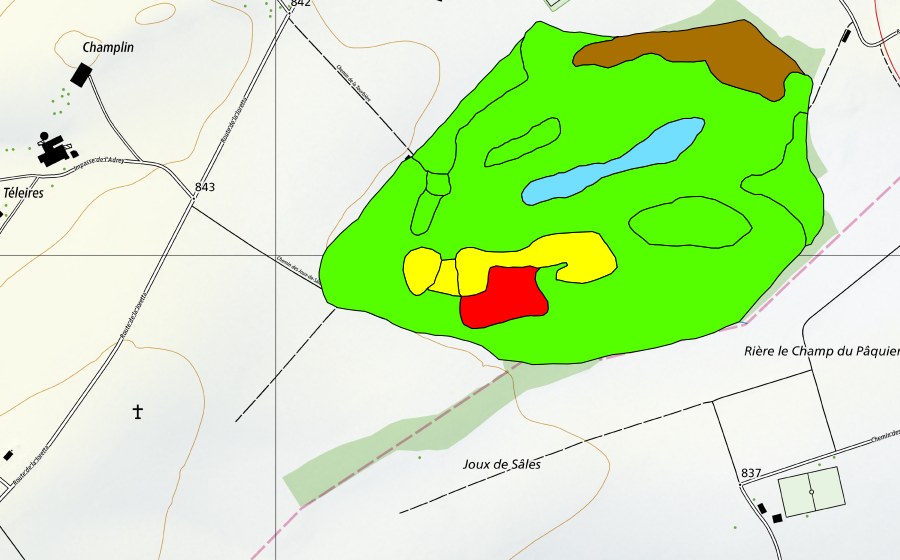 swisstopo national map showing the protected perimeter of Les Mosses-Rosez (Raised bog)