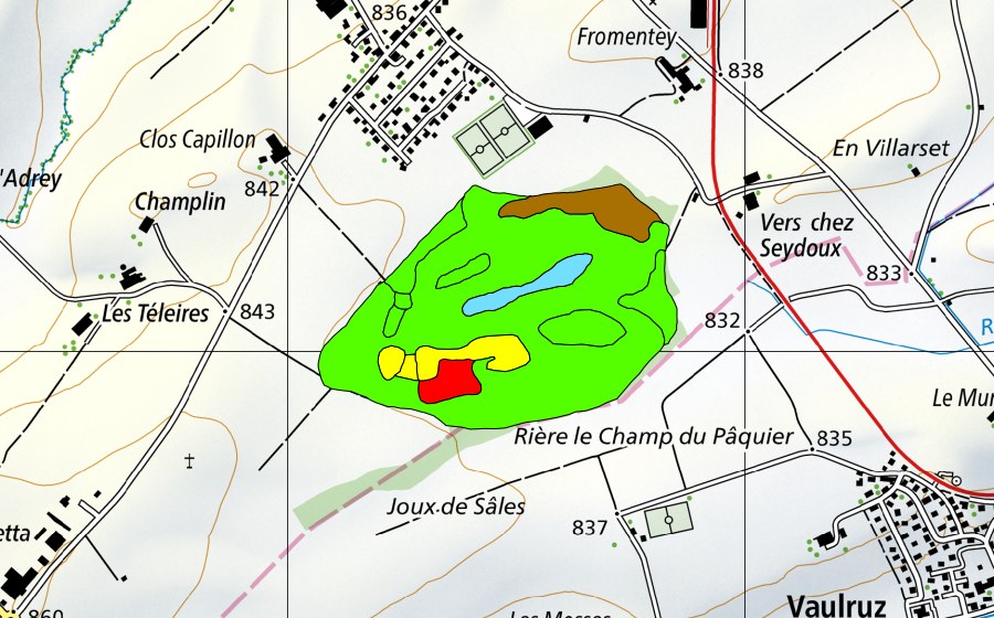 Carte nationale swisstopo avec le périmètre protégé de Les Mosses-Rosez (Haut-marais)