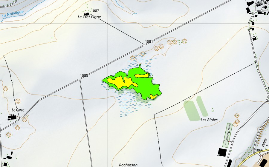 Carte nationale swisstopo avec le périmètre protégé de Les Mouilles (Haut-marais)