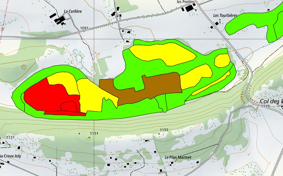 Carte nationale swisstopo avec le périmètre protégé de Les Pontins (Haut-marais)