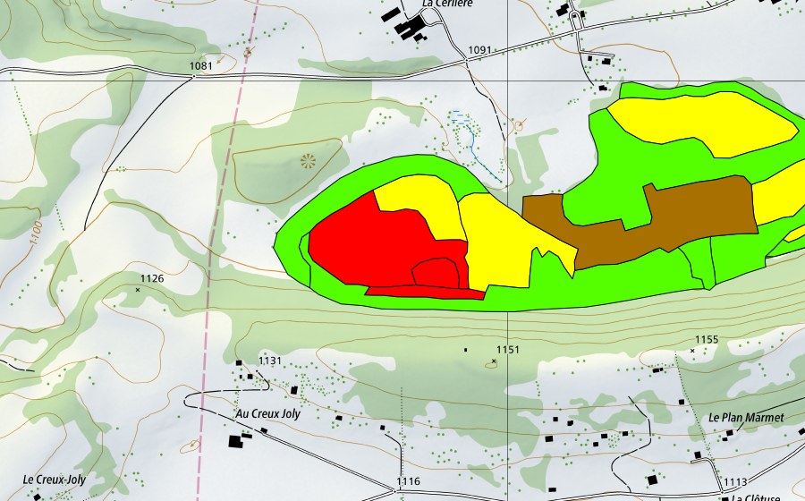 swisstopo national map showing the protected perimeter of Les Pontins (Raised bog)