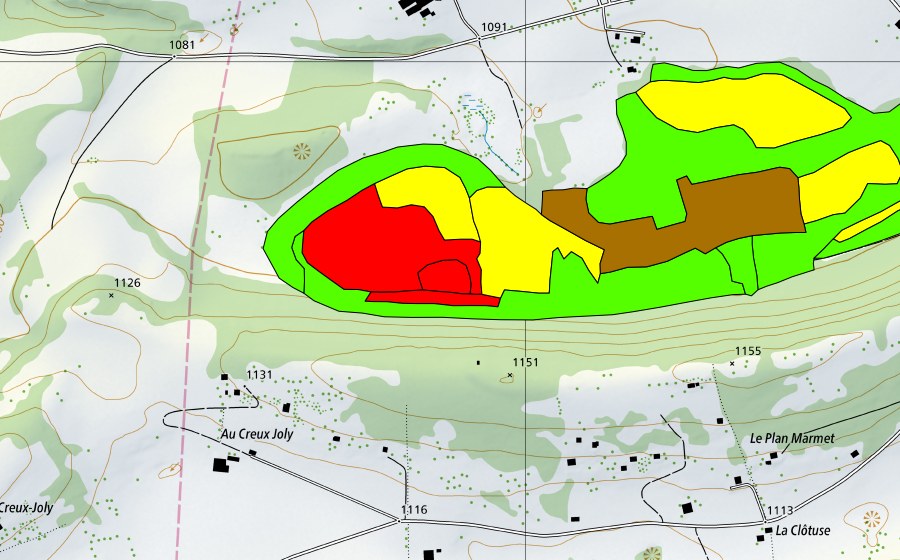 Landeskarte swisstopo mit dem Schutzperimeter von Les Pontins (Hochmoor)